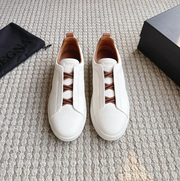 Zegna Oasi Leather Slip-On Sneakers White with Brown Webbing - 1