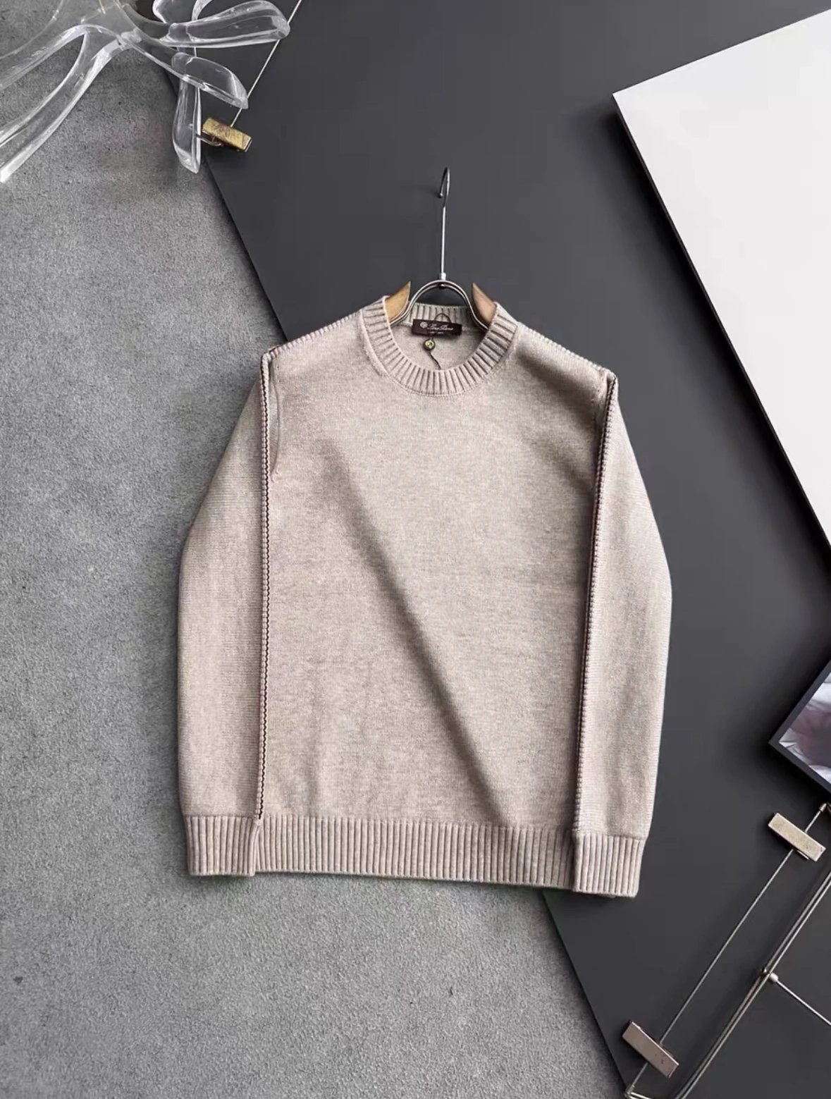 Design Ribbed Detail Crewneck Beige Sweater - 14