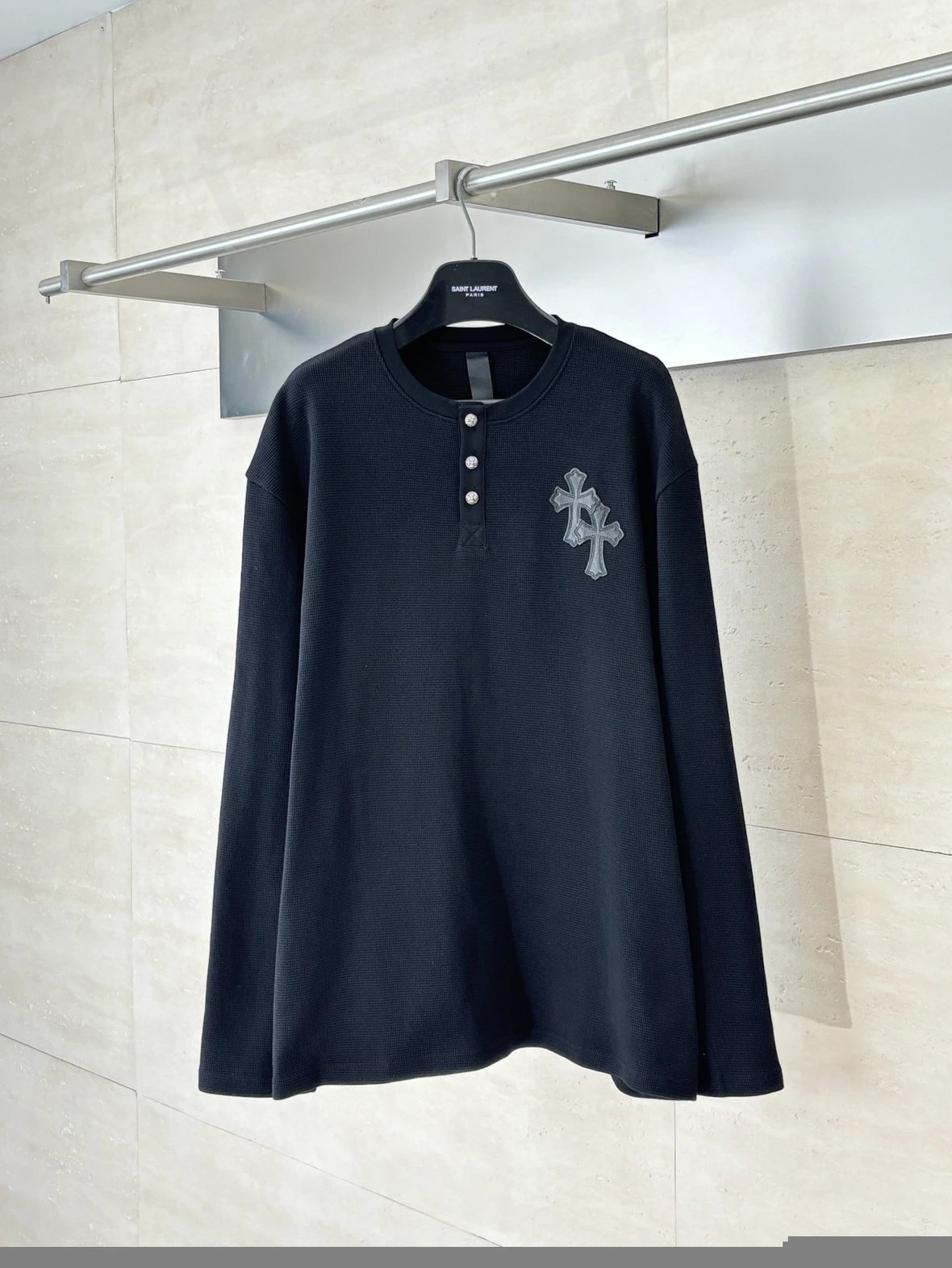 Saint Laurent Cross-Embroidered Thermal Henley Top Black - 5