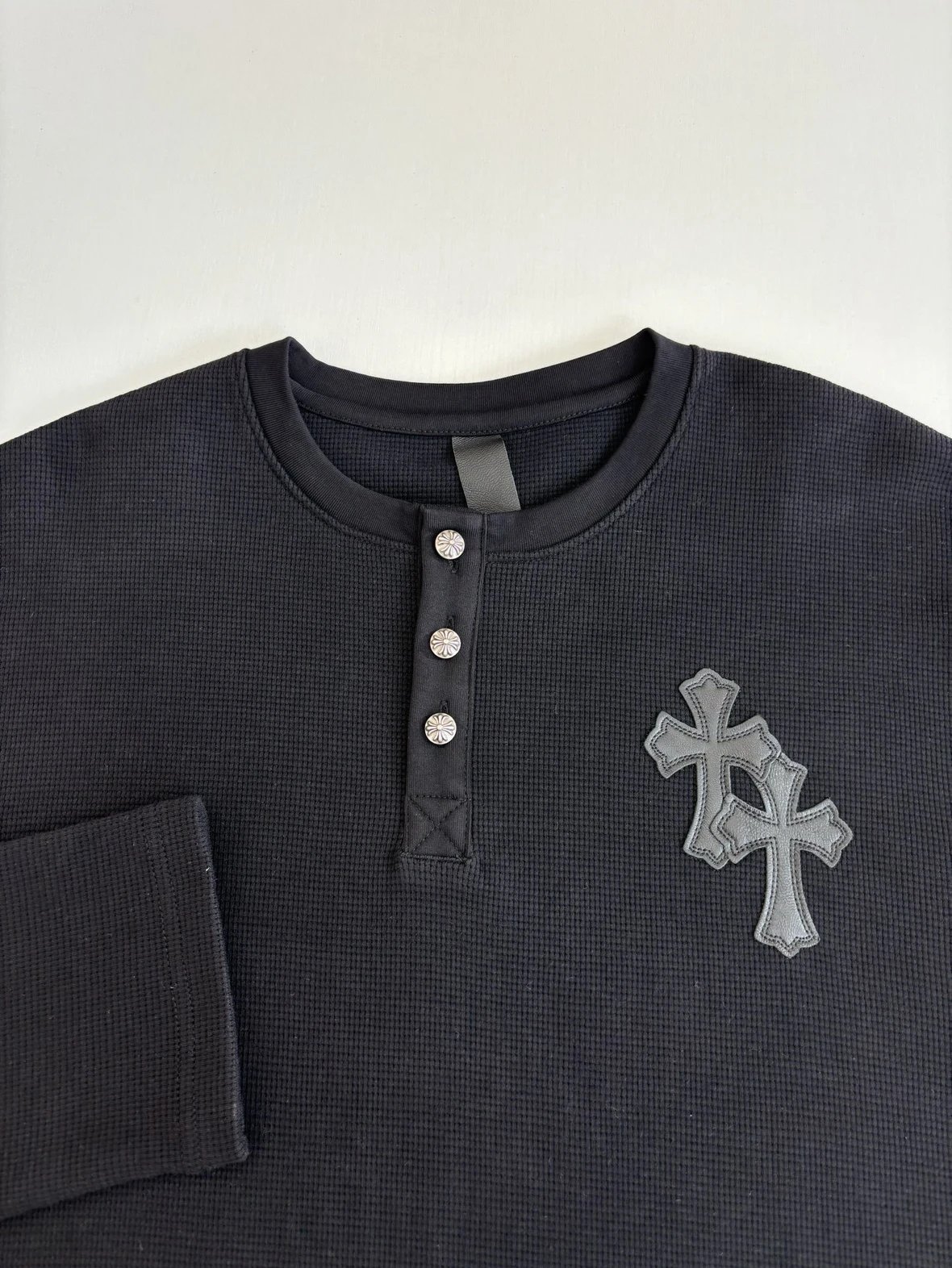Saint Laurent Cross-Embroidered Thermal Henley Top Black - 10