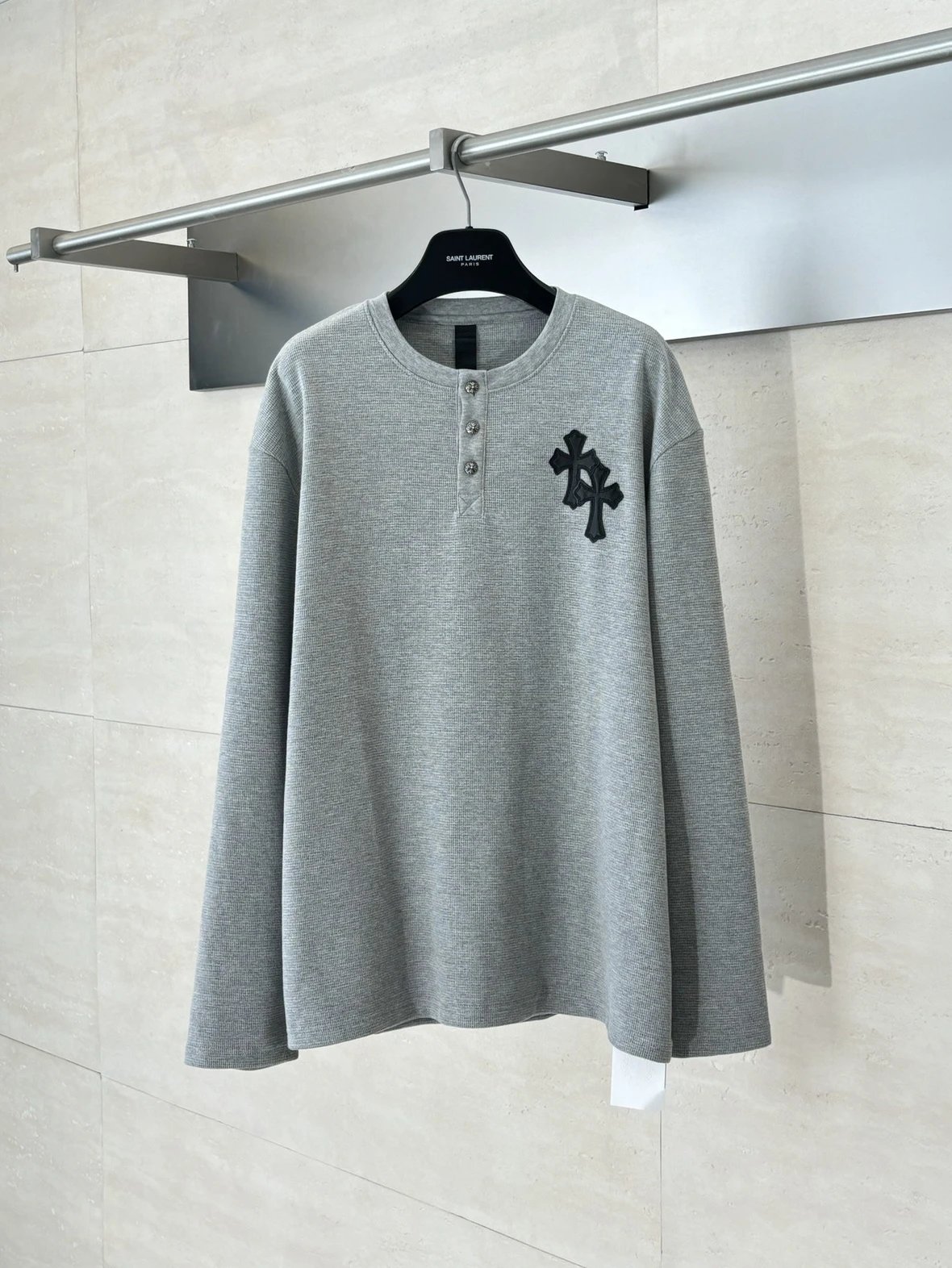Saint Laurent Cross-Embroidered Thermal Henley Top Black - 7