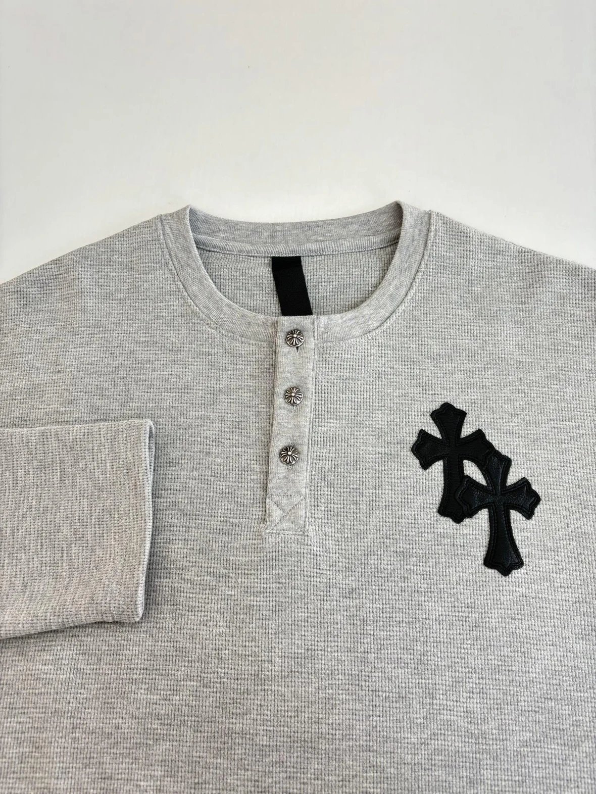 Saint Laurent Cross-Embroidered Thermal Henley Top Black - 9