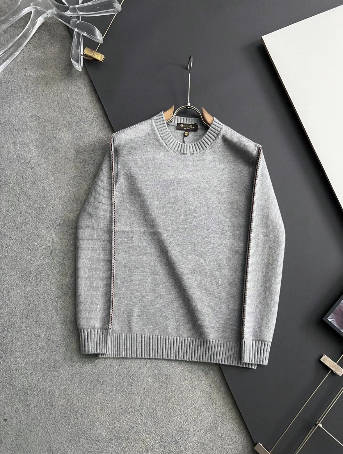 Design Ribbed Detail Crewneck Beige Sweater - 22