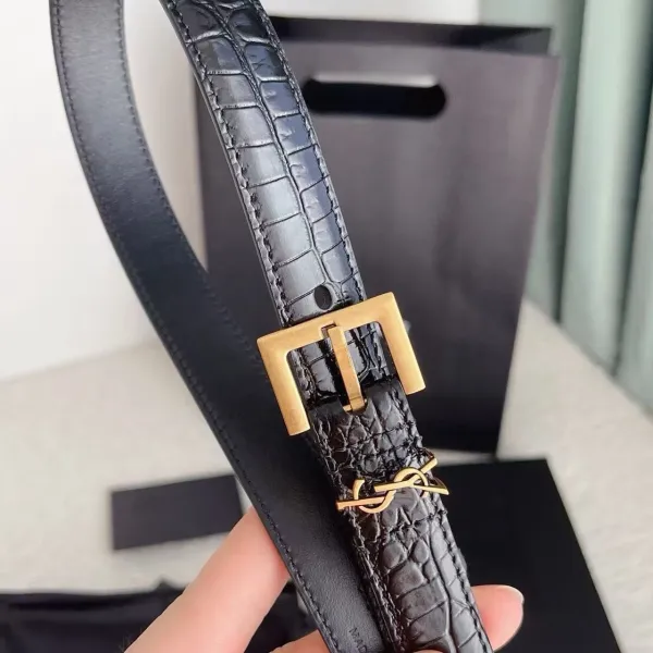 Saint Laurent Monogram Croc-Embossed Leather Belt Black - 1