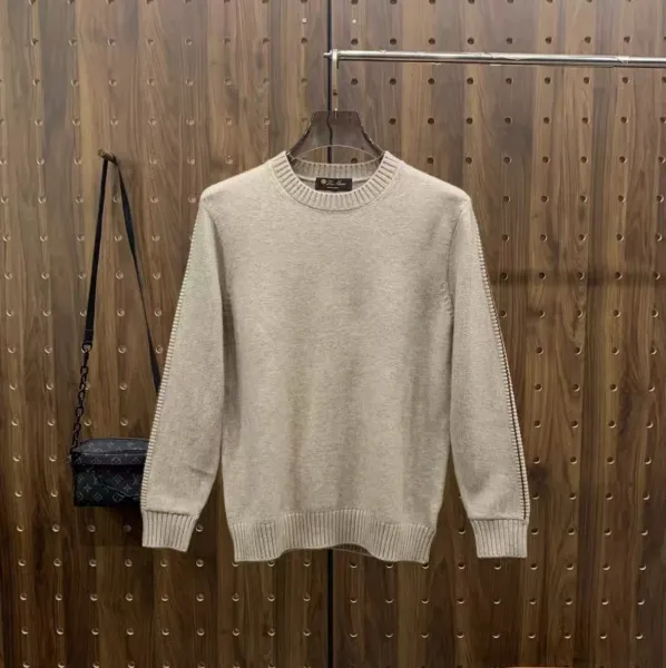 Design Ribbed Detail Crewneck Beige Sweater - 1