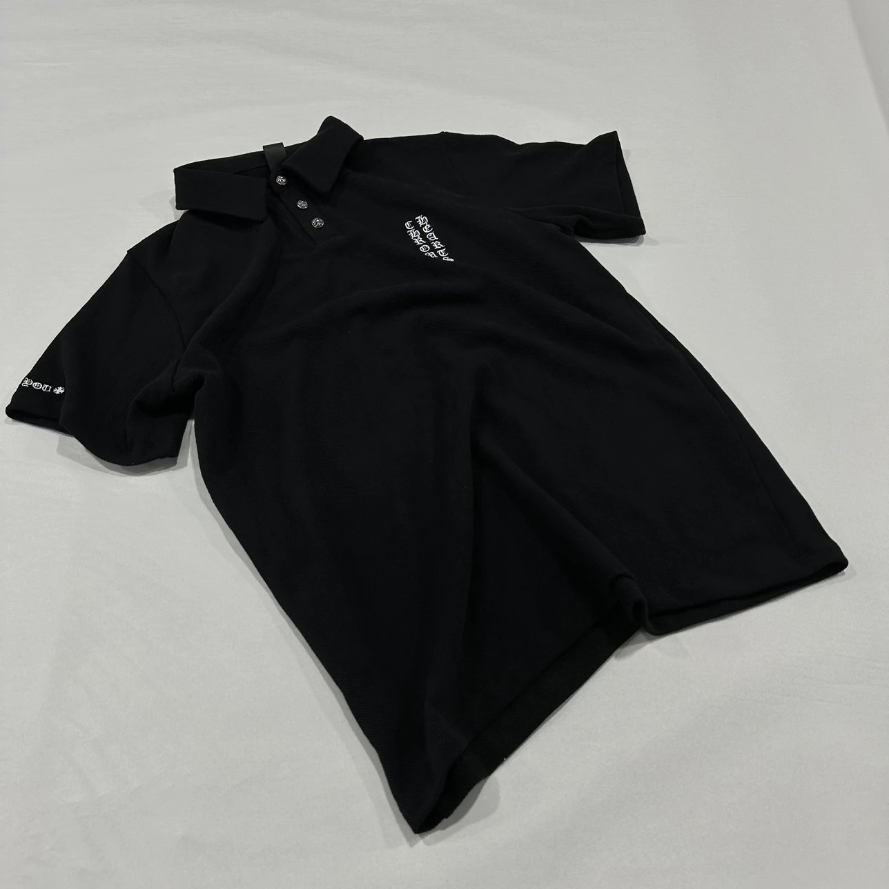 Chrome Hearts Black Piqué Polo with Gothic Vertical Logo & Silver Buttons 1