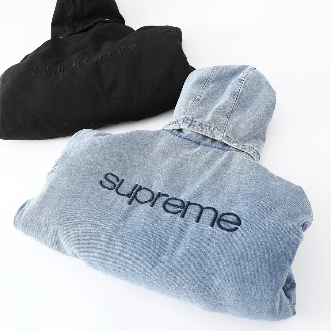 Supreme Denim Black And Blue Hooded Bomber Jacket