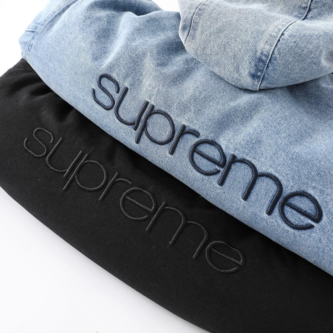 Supreme Denim Black And Blue Hooded Bomber Jacket