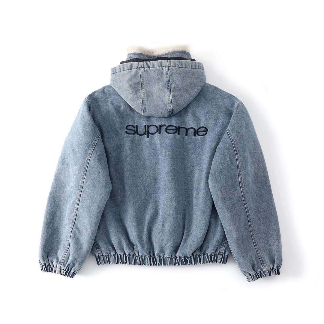 Supreme Denim Black And Blue Hooded Bomber Jacket