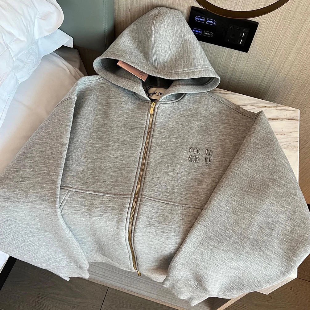 Miu Miu Logo-Embroidered Zip-Up Hoodie