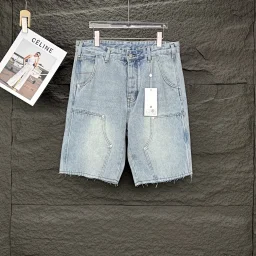 thumbnail for Stitched raw edges, cargo pockets, leather labels, washed loose denim shorts