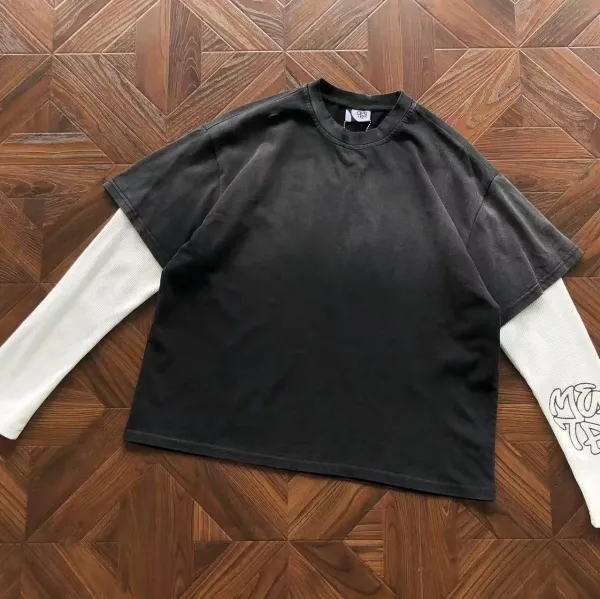 MOON TEE Oversized Washed Black T-Shirt with White Long-Sleeve Layer - 1