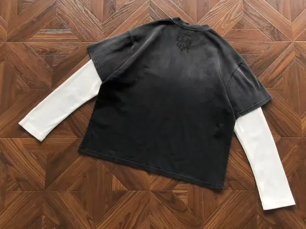 MOON TEE Oversized Washed Black T-Shirt with White Long-Sleeve Layer - 3