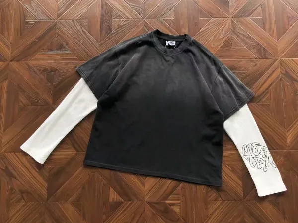 MOON TEE Oversized Washed Black T-Shirt with White Long-Sleeve Layer - 2