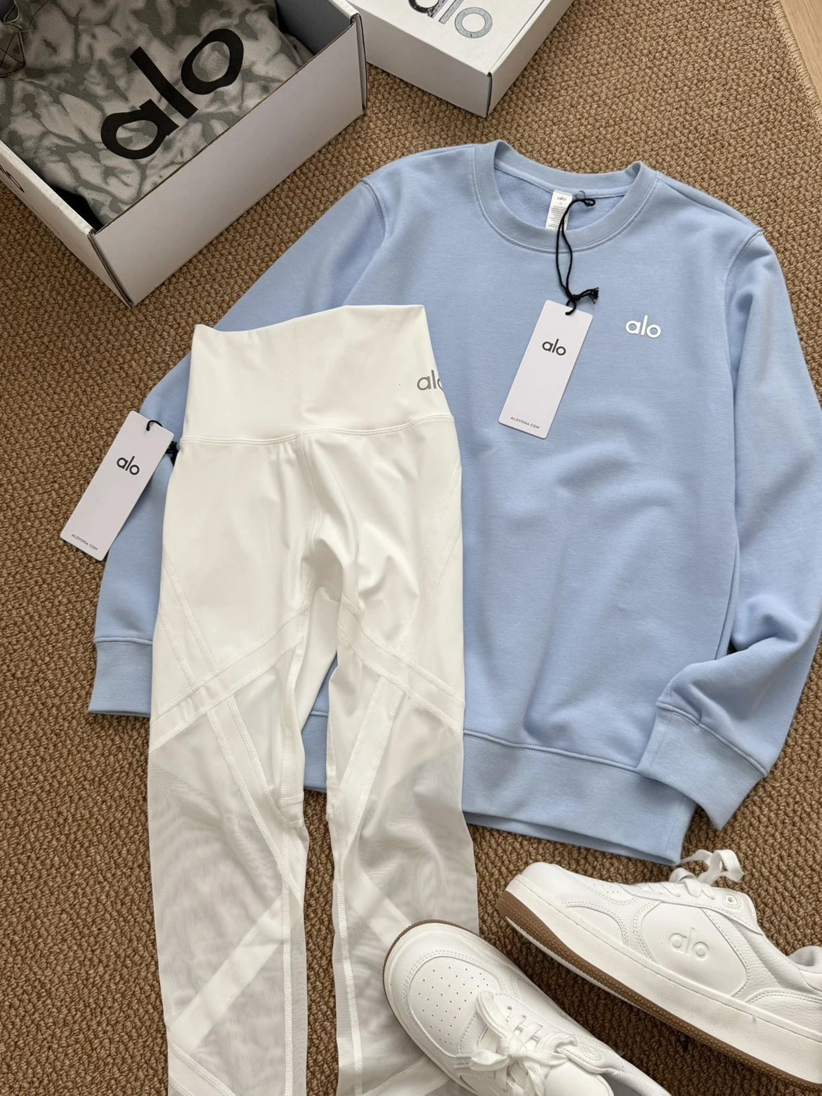 Alo Yoga Cloud Crewneck Sweatshirt Light Blue + High-Waist Mesh Panel Leggings White Activewear Set - 12