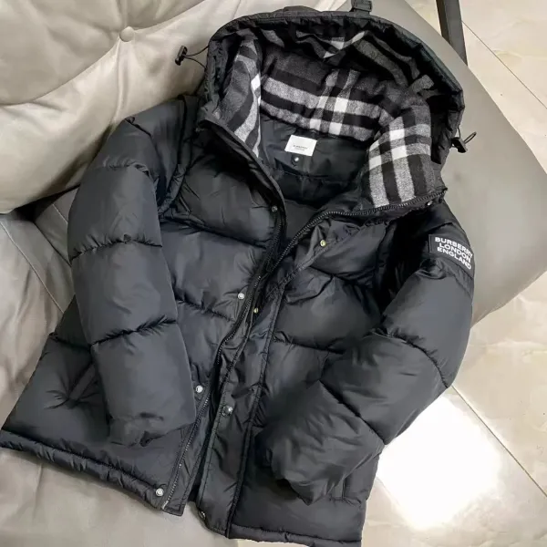 Burberry Down Jacket Black with Classic Check Hood - 1