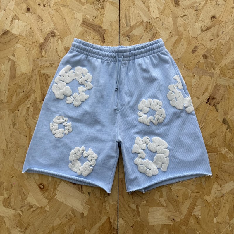 DENIM TEARS MONO COTTON WREATH SHORT-BLUE 浅蓝色面料白色发泡印花短裤 DT-36