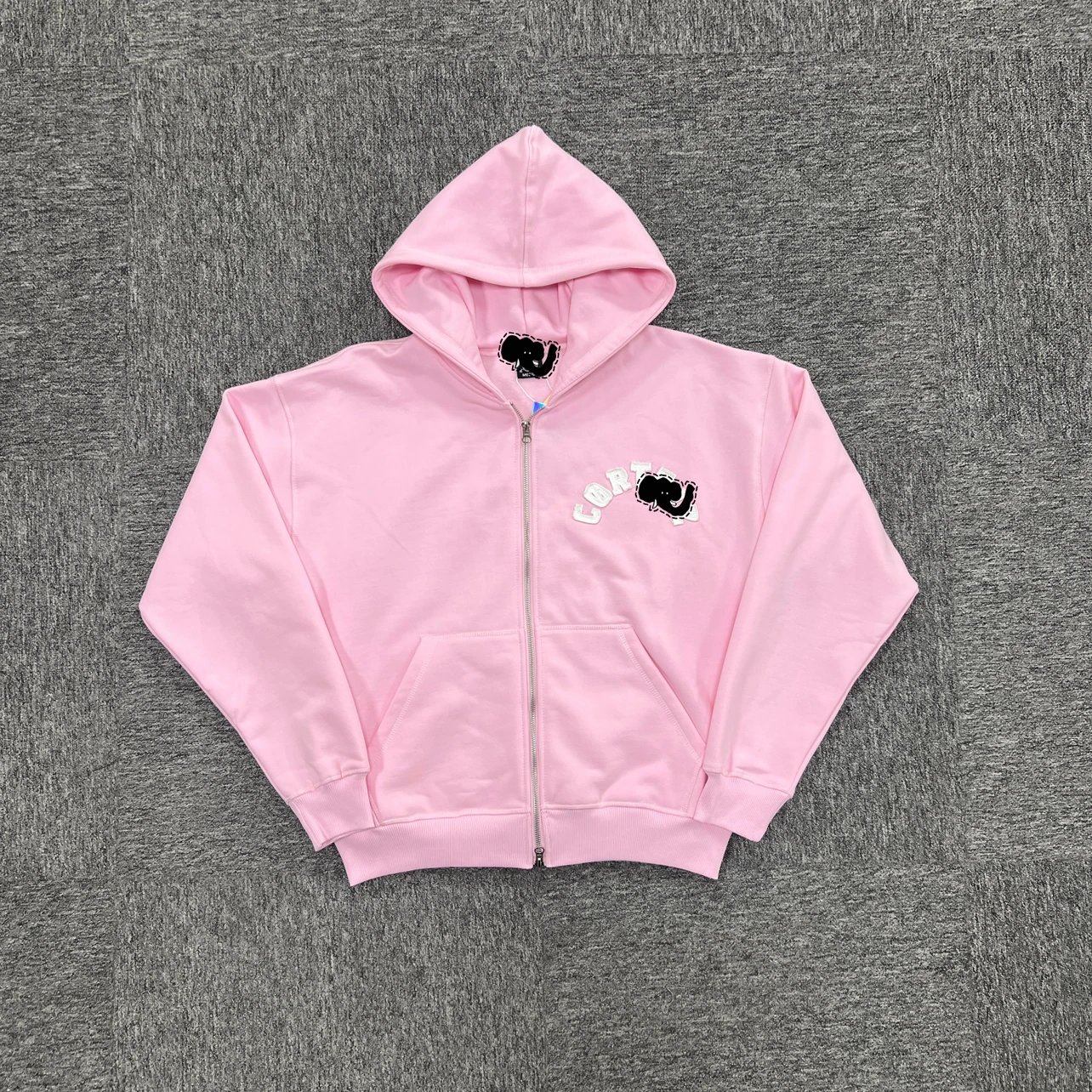 Embroidered zipper sweater with front and back patches, pink C-134