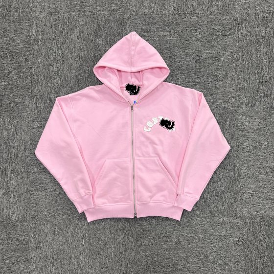 Embroidered zipper sweater with front and back patches, pink C-134