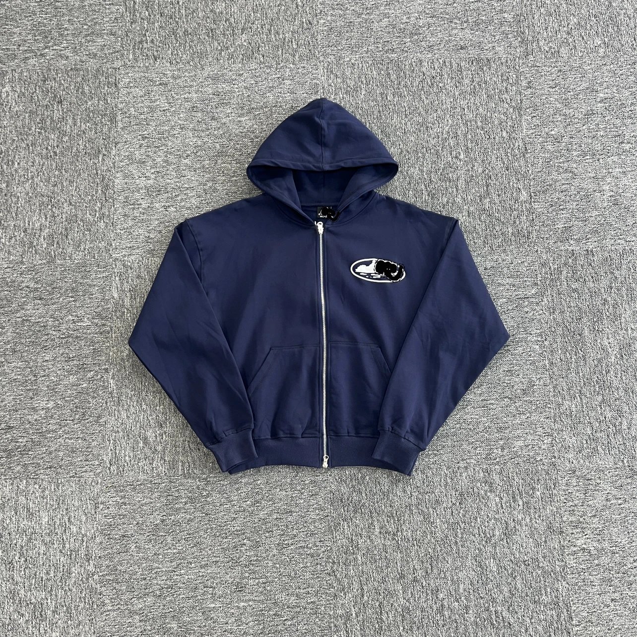 Foamed white printed navy blue zipper sweater C-93