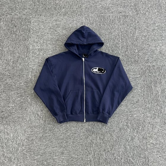 Foamed white printed navy blue zipper sweater C-93