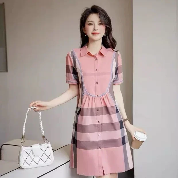 Burberry light luxury counter authentic summer new women's British style high-end plaid shirt short-sleeved slim dress trendy