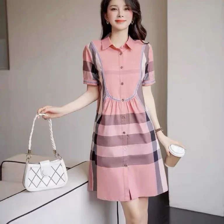 Burberry light luxury counter authentic summer new women's British style high-end plaid shirt short-sleeved slim dress trendy
