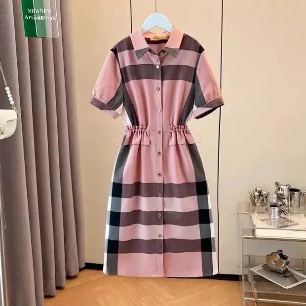 Burberry light luxury authentic 2026 summer new women's British style high-end skirt lapel plaid short-sleeved slim dress trendy