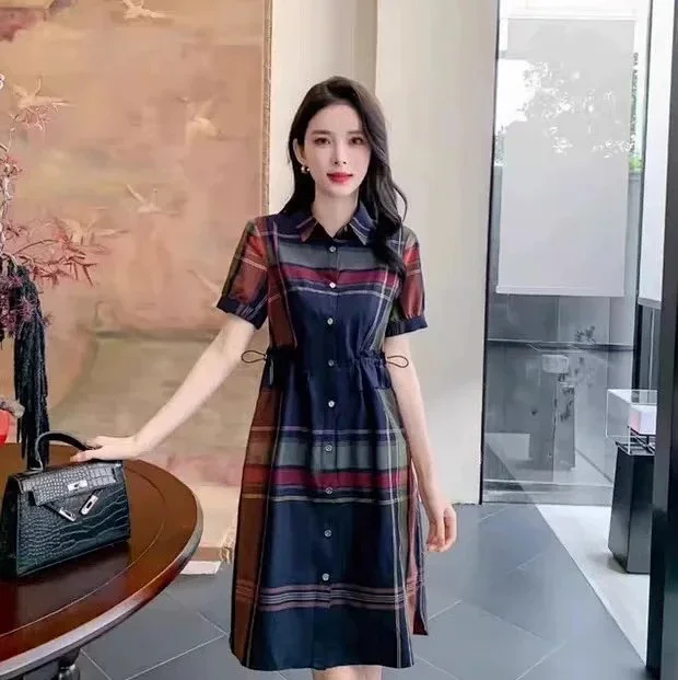 Burberry light luxury authentic 2026 summer new women's British style high-end skirt lapel plaid short-sleeved slim dress trendy