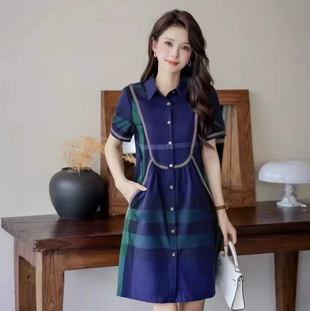 Burberry light luxury counter authentic summer new women's British style high-end plaid shirt short-sleeved slim dress trendy
