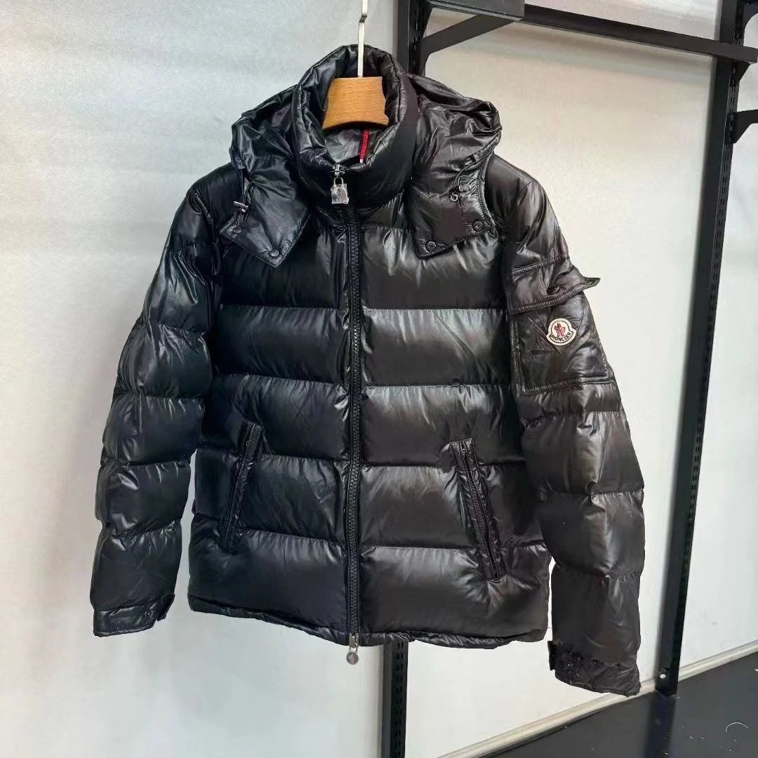 Moncler Men's Short Glossy Down Puffer Jacket with Detachable Hood 1