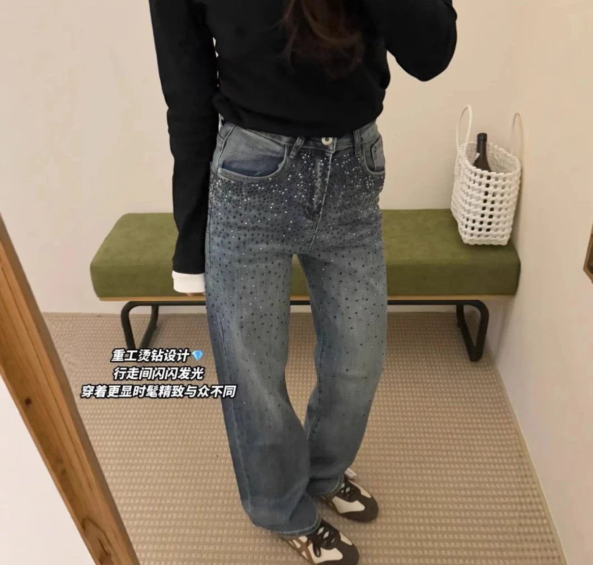 25早春新款miu系牛仔裤满天星重工烫钻直筒裤刺绣高腰宽松显瘦女 - 132218