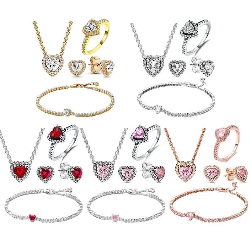 Pandora Heart Crystal Jewelry Set Necklace Earrings Ring Bracelet