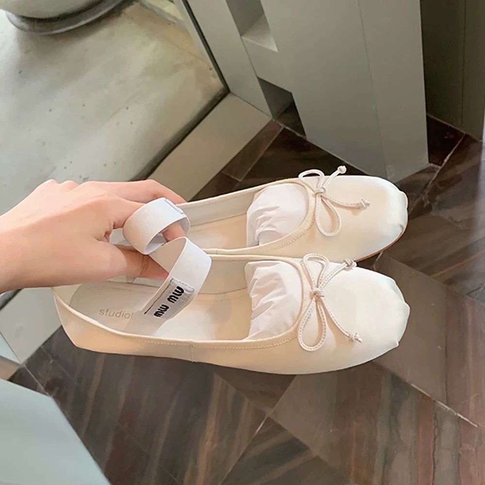 High-End Miu Style Fairy Bow Ankle Strap Flat Ballet Shoes Women 2025 New Versatile Low-Cut Soft Sole Flats Comfortable Versatile Flat Shoes In Stock