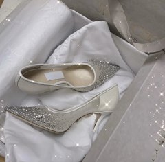 High Version Wedding Shoes 2025 Fall New Women's Flats JC Transparent Mesh Rhinestone Crystal Shoes Pointed Toe High Heels Bling Rhinestone Pointed Toe Breathable Mesh Banquet High Heels Flats In Stock