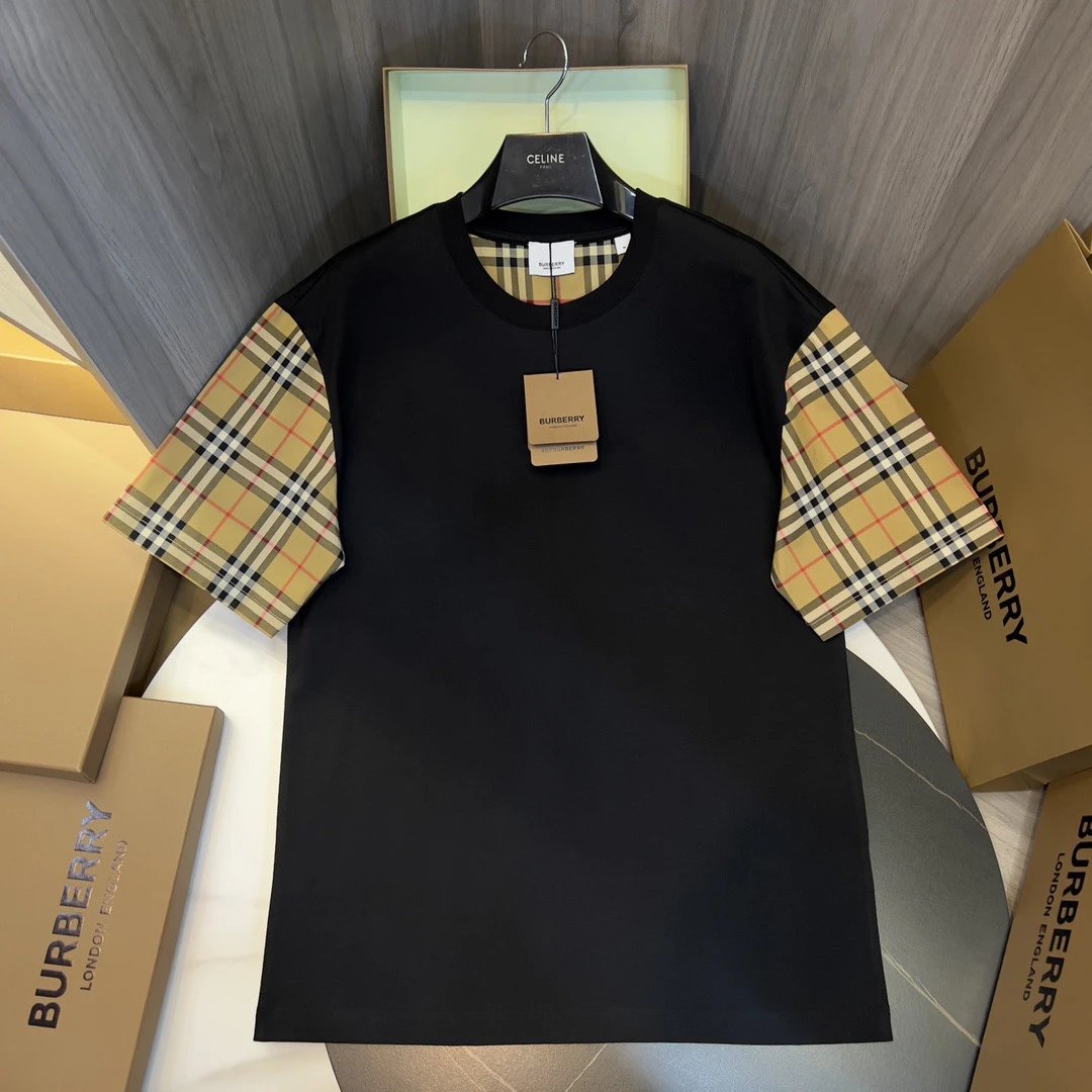 Plaid Sleeve Trim Cotton T-Shirt