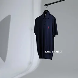 thumbnail for God In Stock BC Dark Blue Chest Embroidered Polo Collar Knit Short-Sleeve T-Shirt