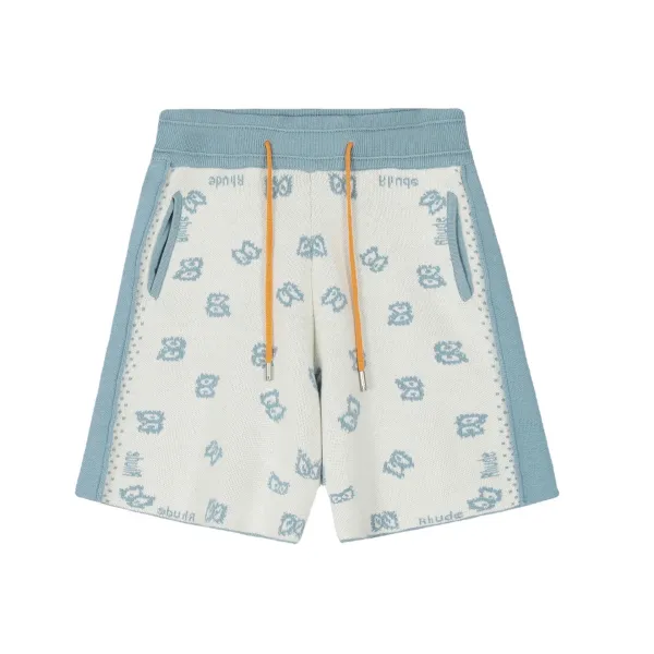 Rhude Knit Shorts Light Blue and Cream Logo-Print - 1