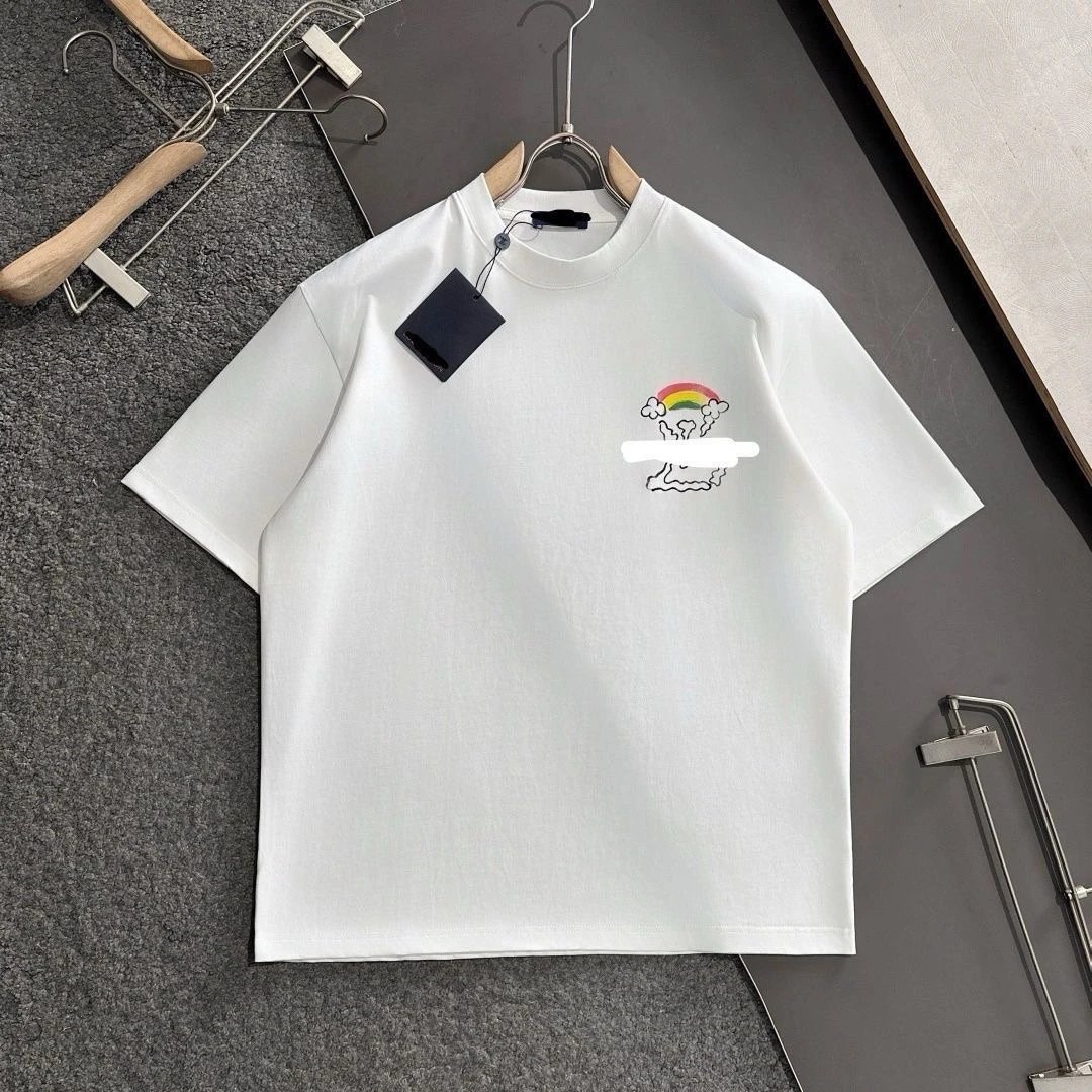 white short-sleeve crewneck cotton tee with rainbow cloud graphic on chest