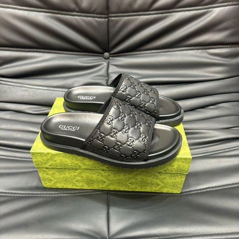Gucci Slide Black GG Embossed Leather Sandals