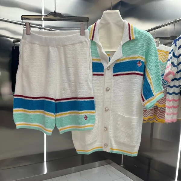 GRA Knit Set Navy Green White Striped Cardigan and Shorts - 6