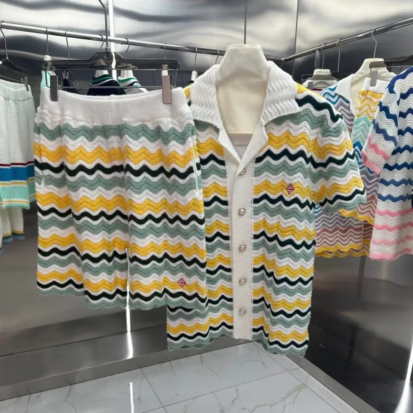 GRA Knit Set Navy Green White Striped Cardigan and Shorts - 7