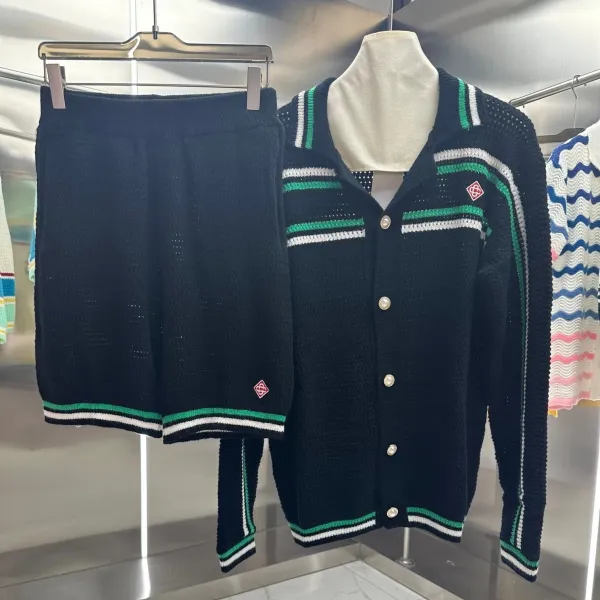 GRA Knit Set Navy Green White Striped Cardigan and Shorts - 8