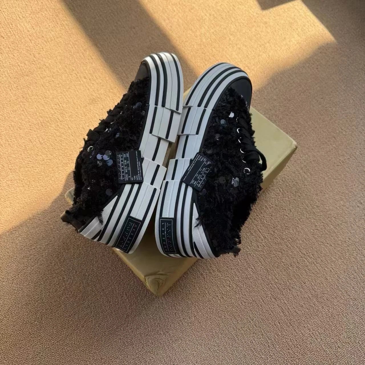 Aeae Striped Platform Sneakers Black Sequin Fur Upper
