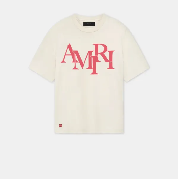 Amiri AMIRI Logo Print Cream T-Shirt - 1
