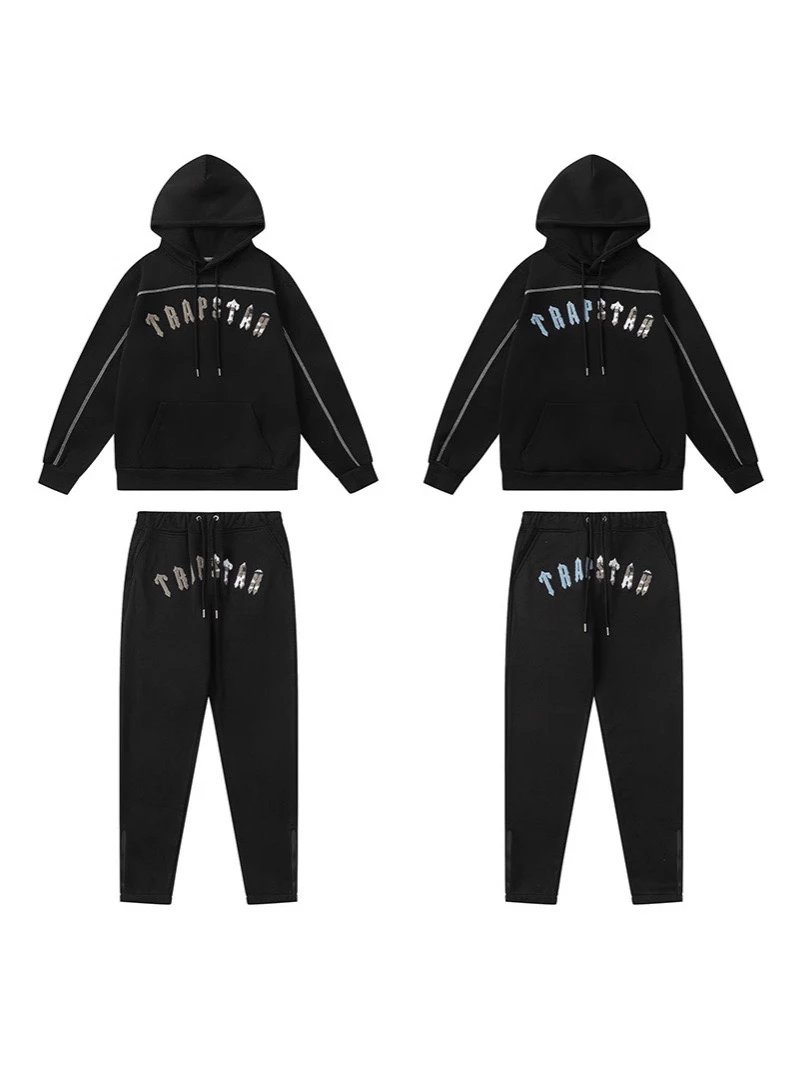Trapstar Gradient Letter Embroidered Lines Hoodie Fleece Sweatshirt and Sweatpants Set for Men