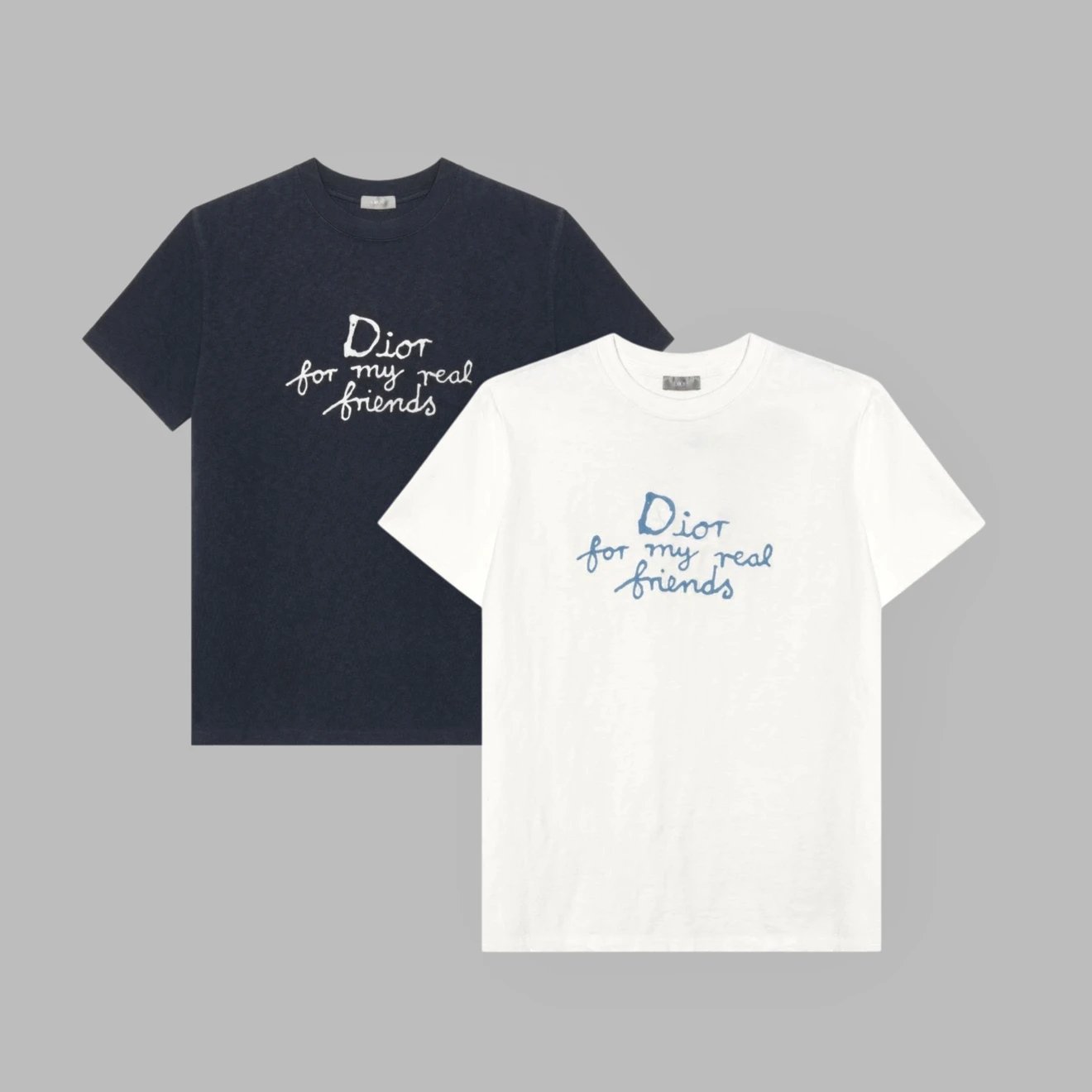 (In stock) SS25 handwriting hand cranked chain embroidery/heavyweight bamboo knot fabric/three-dimensional cutting/off white/washed navy blue short sleeved shirt