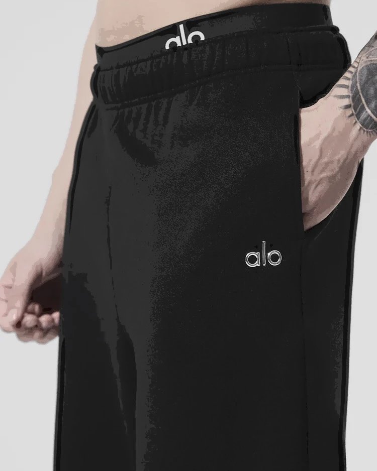 (Restocking) ALO Chrome Letter Logo Fleece Jogger Pants with Elastic Waistband in Black