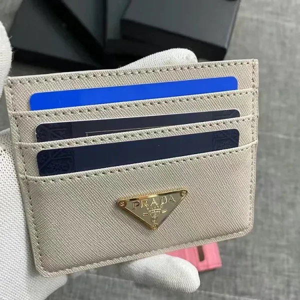 Prada Triangle Logo Card Holder Beige Saffiano Leather - 1