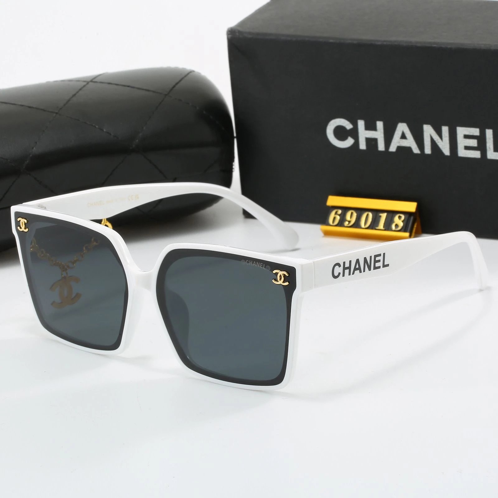 Chanel Square Frame White Sunglasses with Gold CC Logo - 8